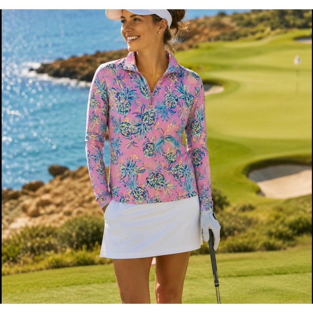 STELLA PARKER  Medium 1/4 Zip Palm Tree Tropical Print UPF 50 Performance Golf